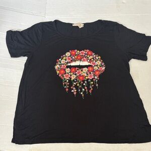 Savanna Jane Black Tee with Floral Lip Design